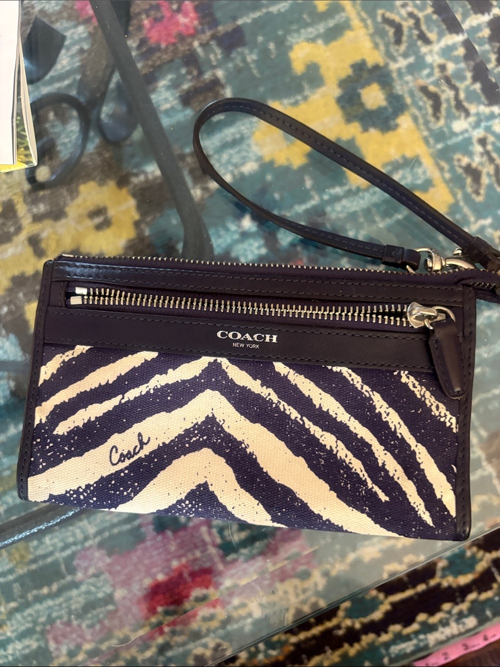 COACH Navy and White Zebra-Print Wristlet Clutch